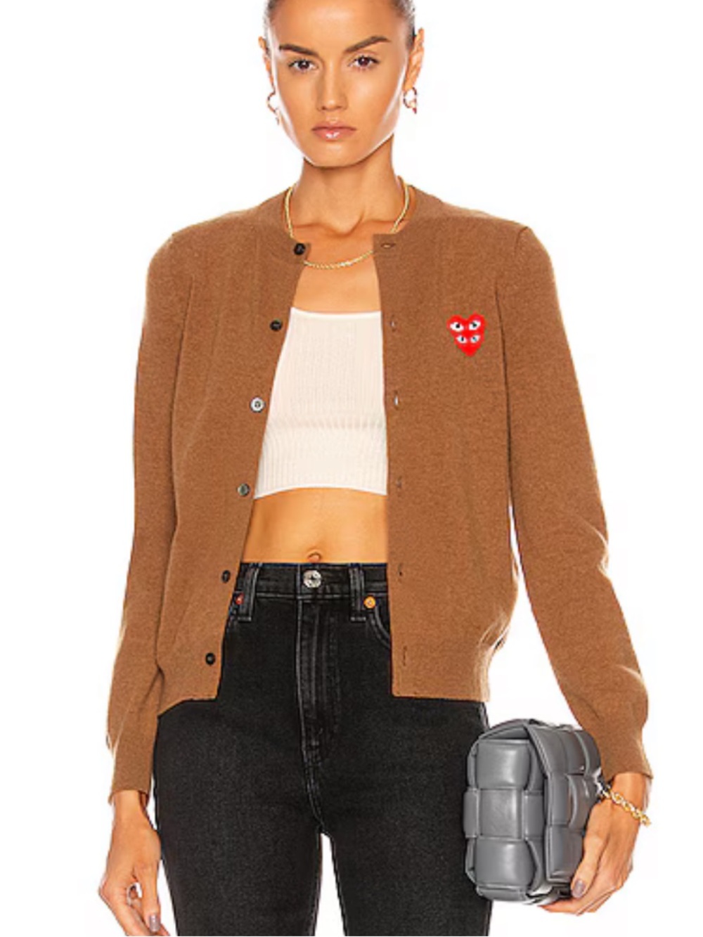 Comme des Garçons PLAY Brown Wool Cardigan with Red Heart Patch NWOT